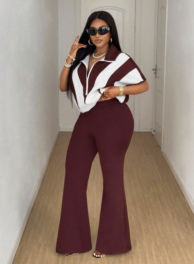 Ensemble décontracté 2 pièces pour femme comprenant une veste contrastée et un pantalon large