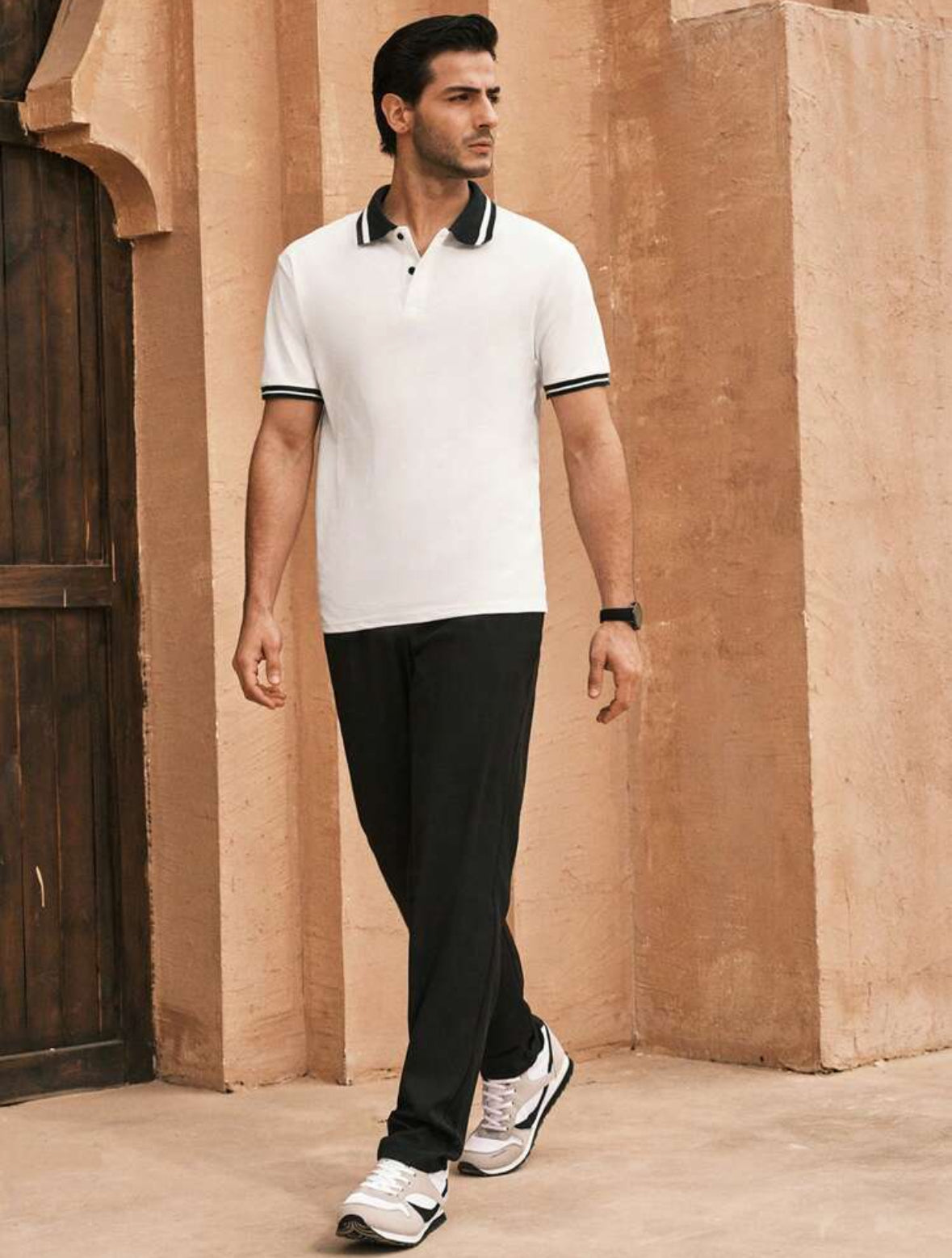 Shein-Chemise polo pour hommes avec bordure rayée boutonnée blanc, chemise polo de travail décontractée