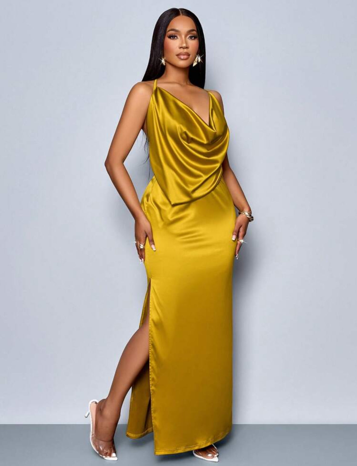 SHEIN- Robes moulante élégante en satin à col drapé sans dos et fente haute , couleur unie