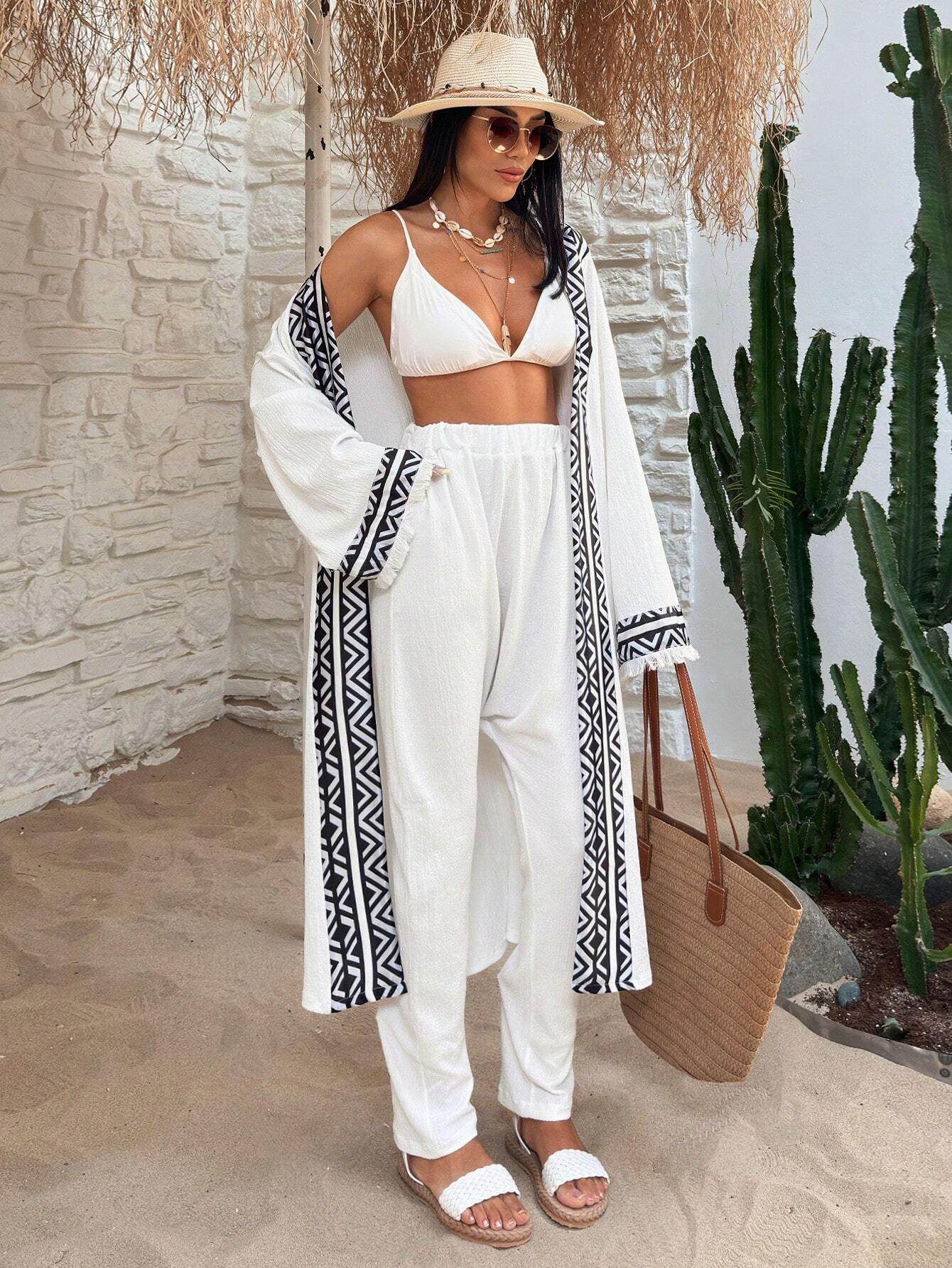 SHEIN - Kimono à épaules tombantes avec bande géométrique contrastée
