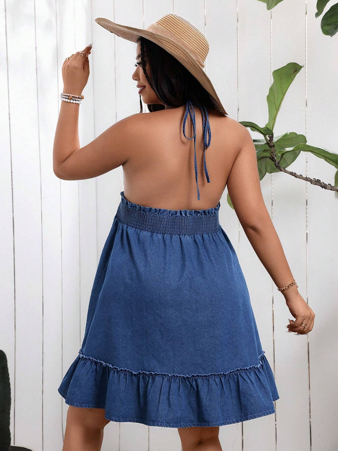 SHEIN - Robe en denim d'été décontractée grande taille à ourlet à volant