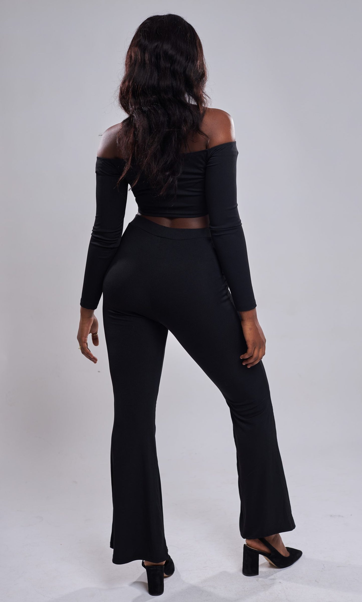 SHEIN - Top court col bardot & Pantalon évasé - Noir back view 2