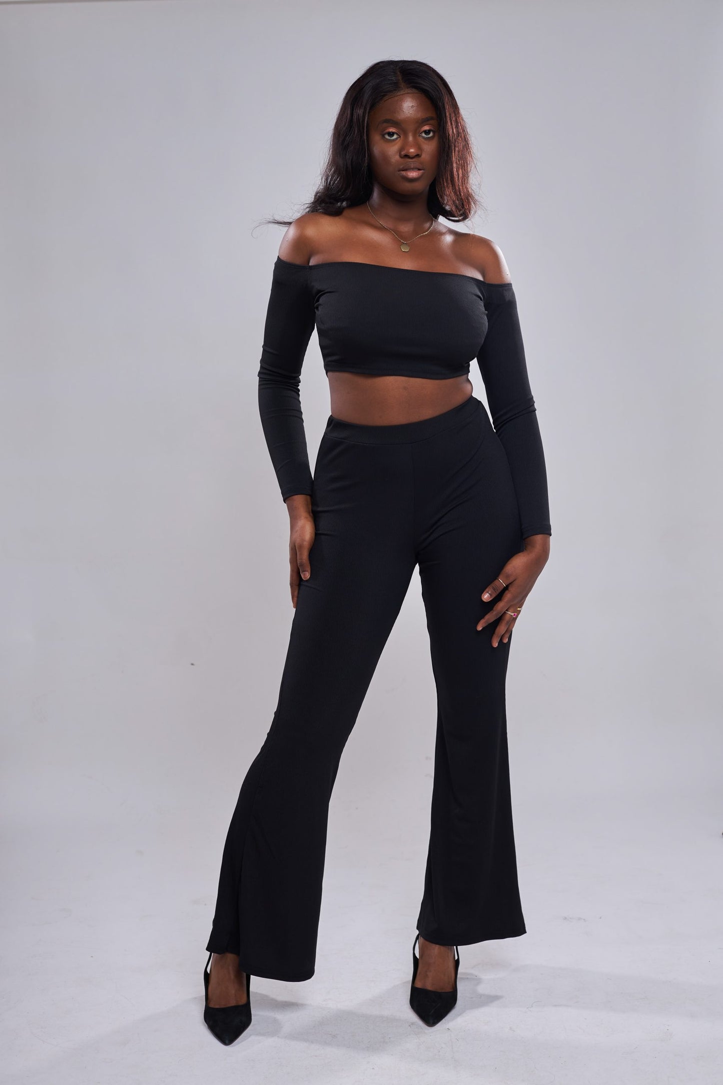 SHEIN - Top court col bardot & Pantalon évasé - Noir main picture