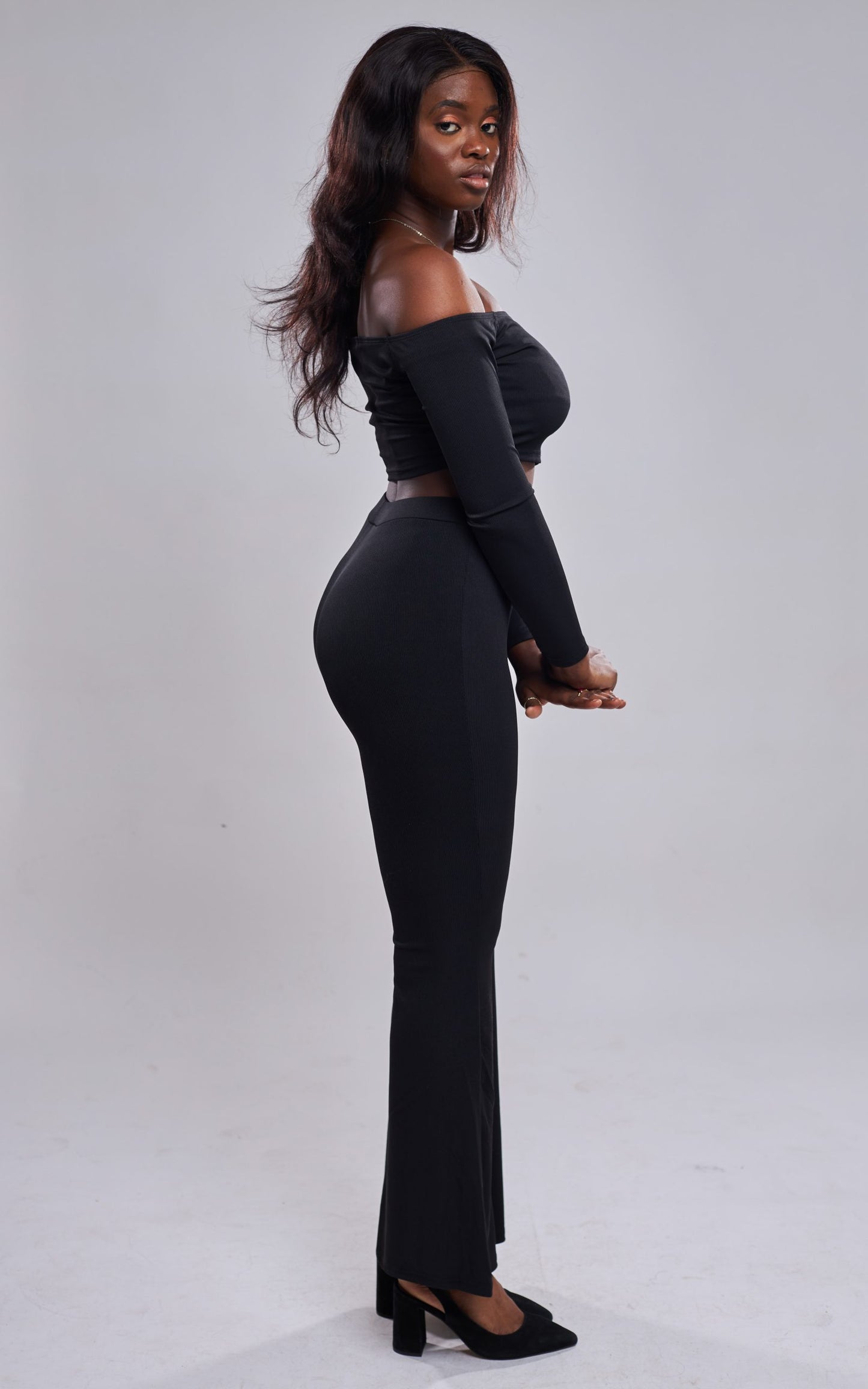 SHEIN - Top court col bardot & Pantalon évasé - Noir side view