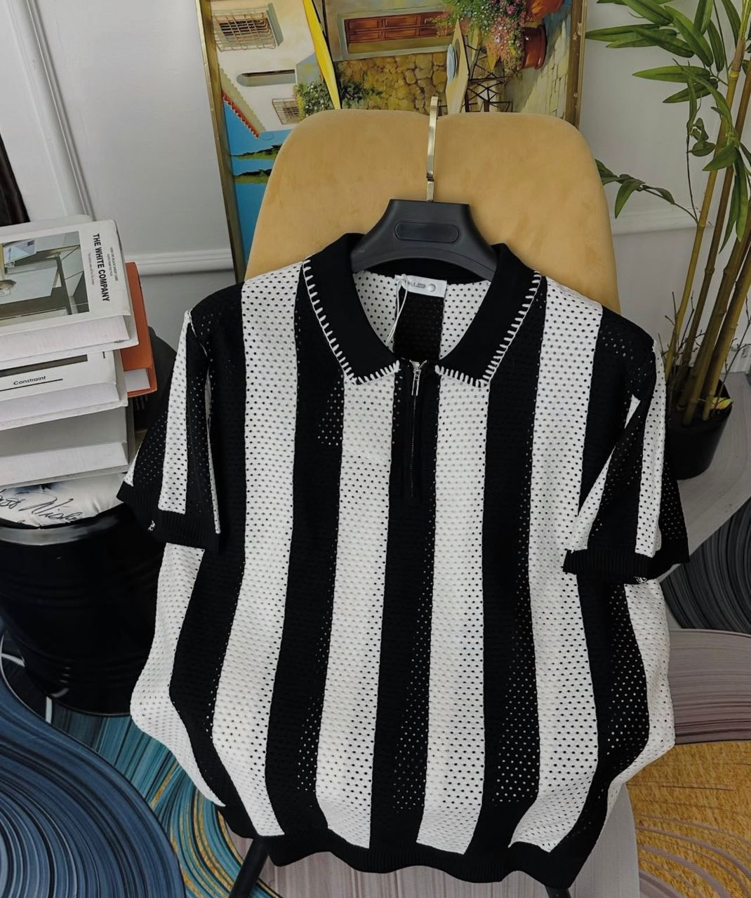 Polo rayé mesh oversize – Noir & Blanc