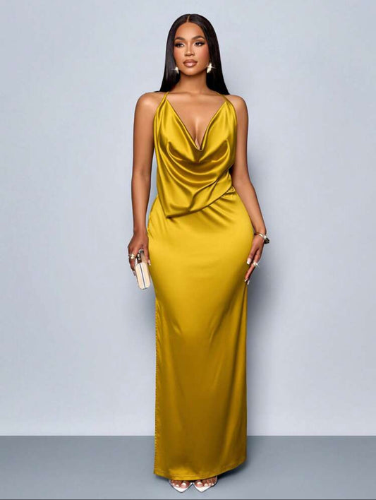 SHEIN- Robes moulante élégante en satin à col drapé sans dos et fente haute , couleur unie