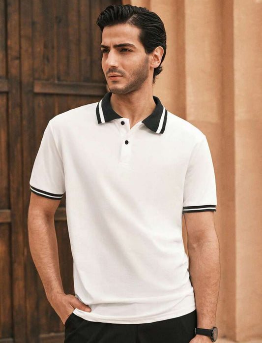 Shein-Chemise polo pour hommes avec bordure rayée boutonnée blanc, chemise polo de travail décontractée