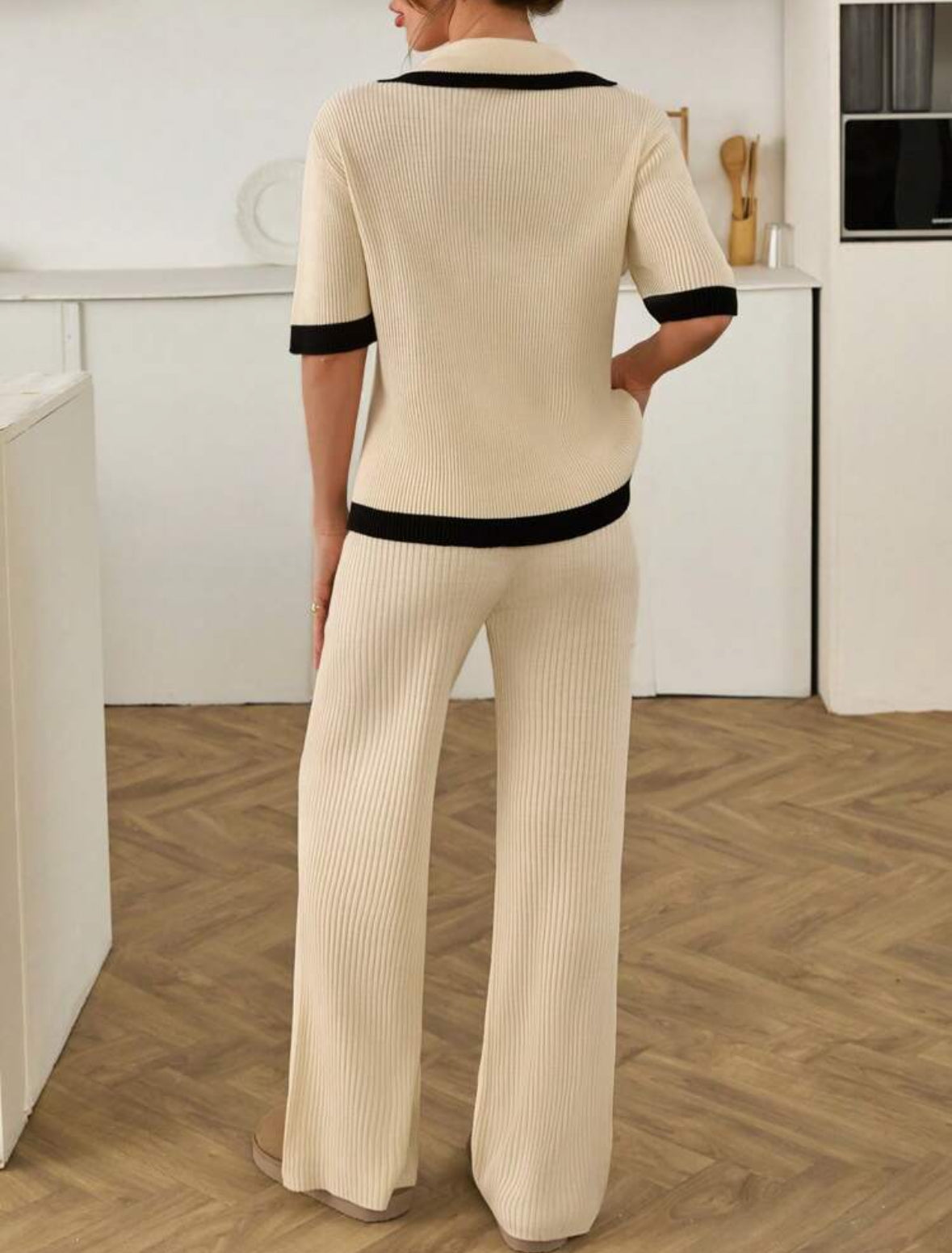 SHEIN Ensemble de cardigan et pantalon côtelé à double boutonnage avec ourlet contrasté pour femmes