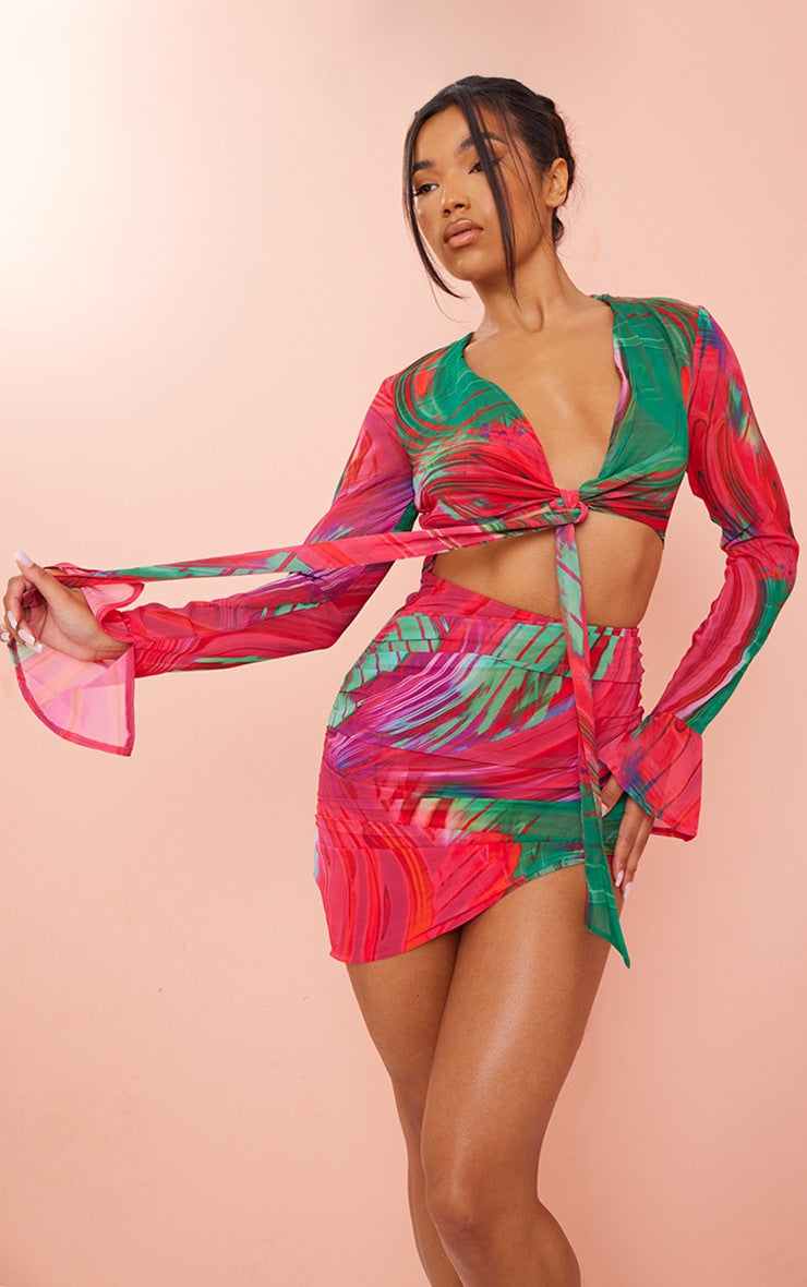 PLT - Robe chemise cache-coeur moulante multicolore imprimé abstrait