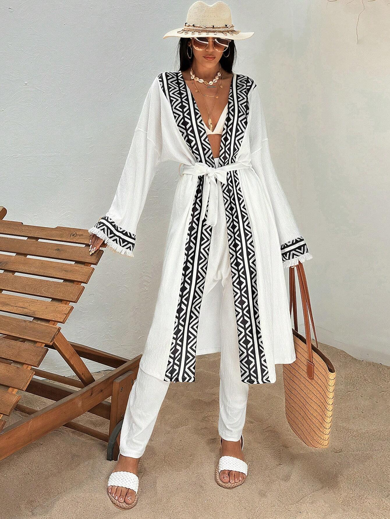 SHEIN - Kimono à épaules tombantes avec bande géométrique contrastée