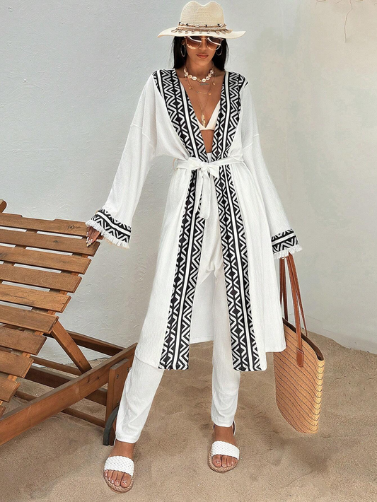 SHEIN - Kimono à épaules tombantes avec bande géométrique contrastée