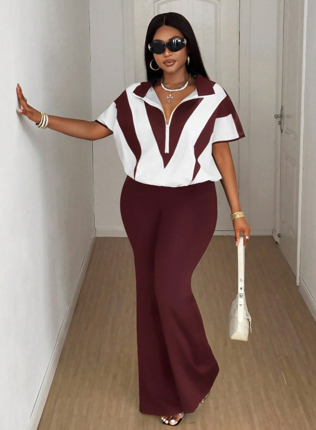 Ensemble décontracté 2 pièces pour femme comprenant une veste contrastée et un pantalon large