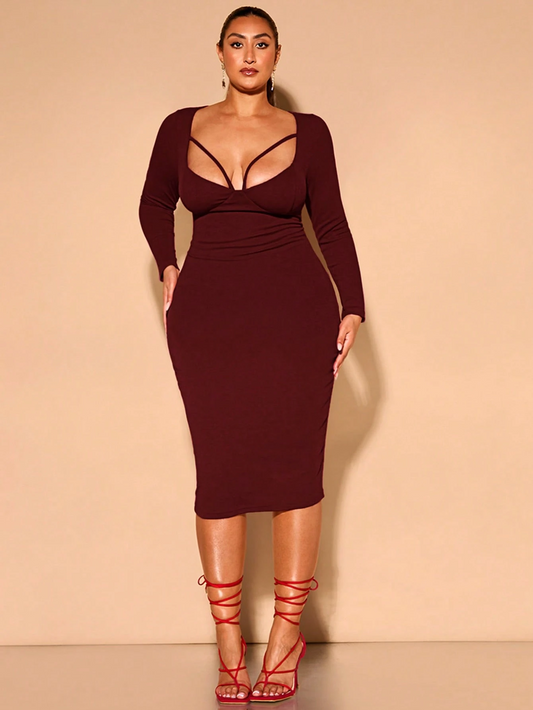 SHEIN - Robe longue midi à manches longues en velours rouge côtelé