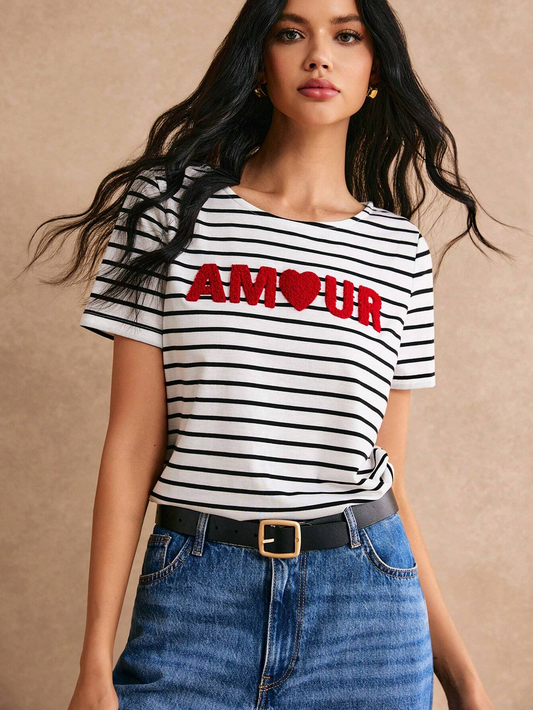 SHEIN - T-shirt graphique rayé et lettré, style casual