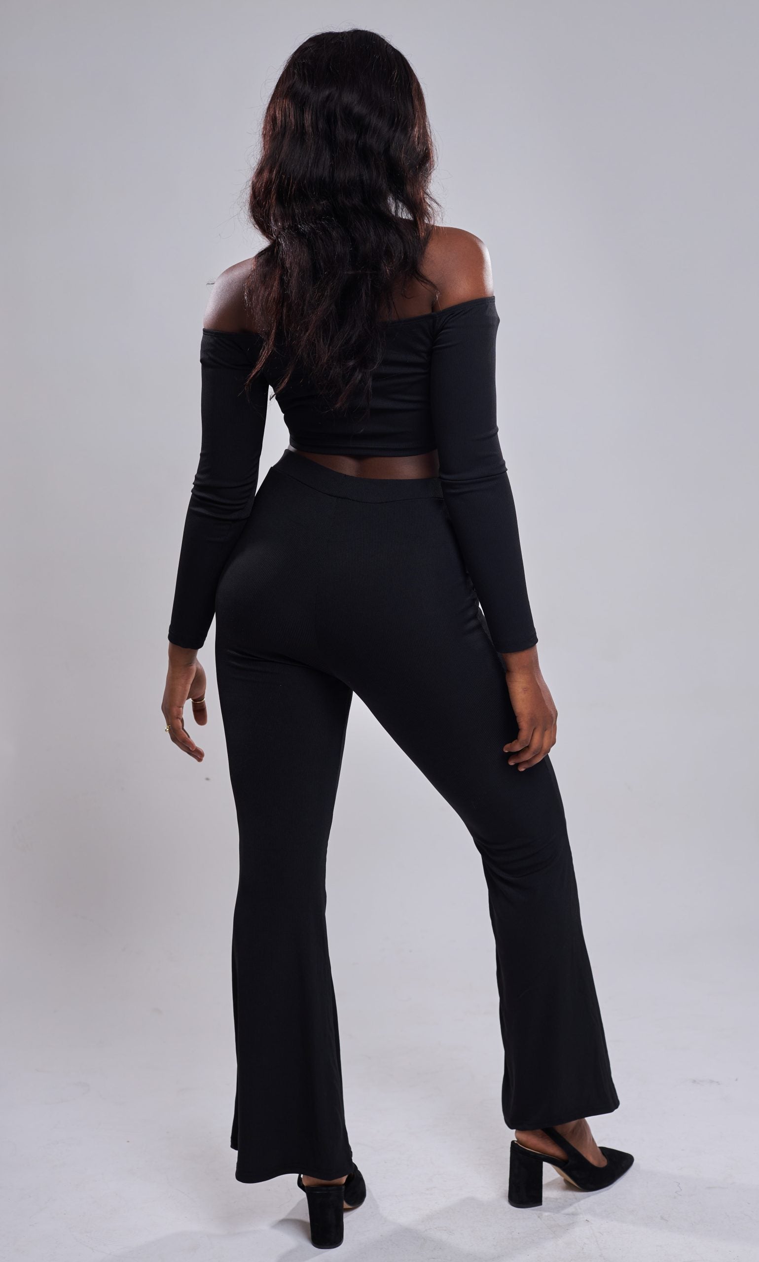SHEIN - Top court col bardot & Pantalon évasé - Noir back view 2