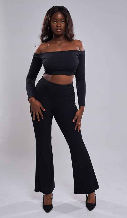 SHEIN - Top court col bardot & Pantalon évasé - Noir front view