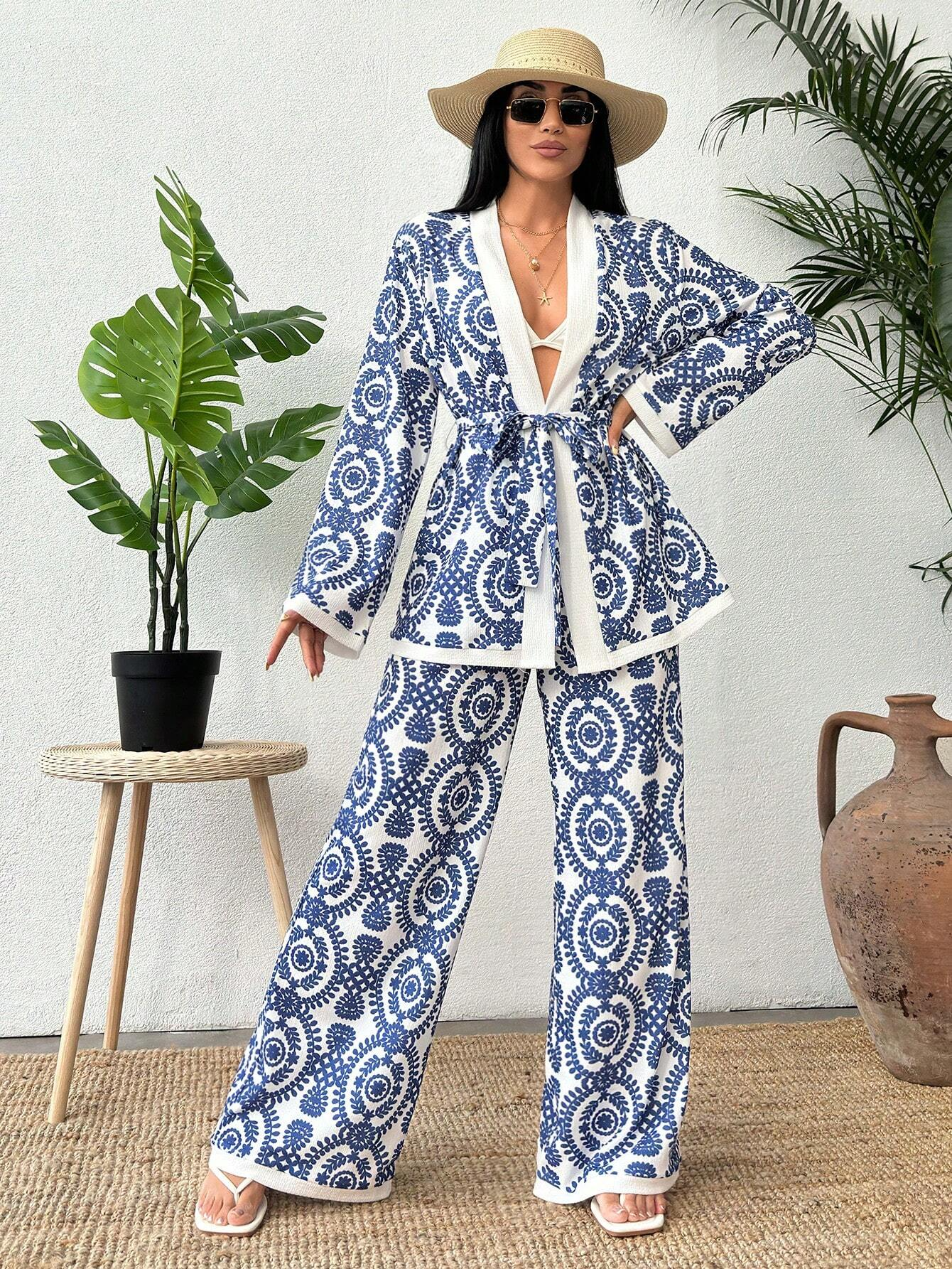 SHEIN - Ensemble de Kimono deux pièces avec haut imprimé à manches longues