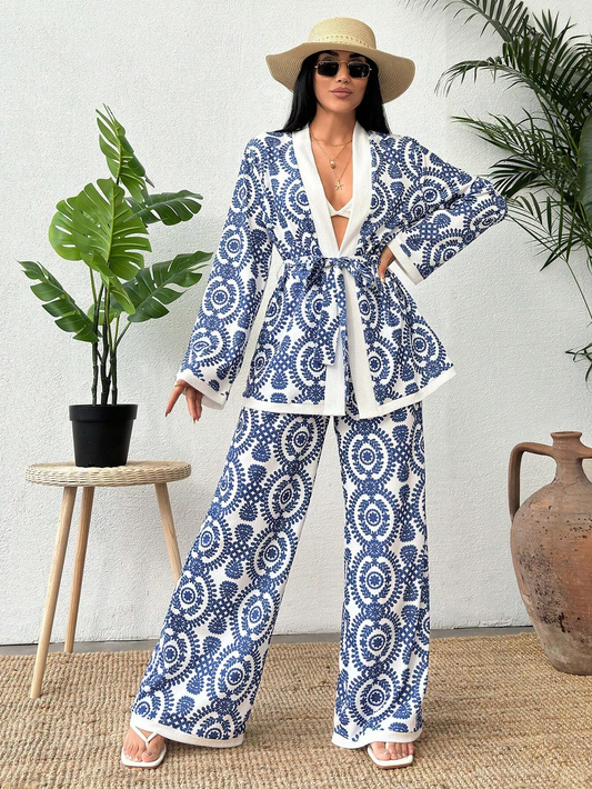 SHEIN - Ensemble de Kimono deux pièces avec haut imprimé à manches longues