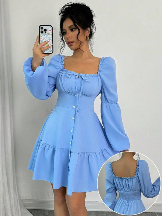 SHEIN - Robe évasée à col carré avec manches longues bouffantes