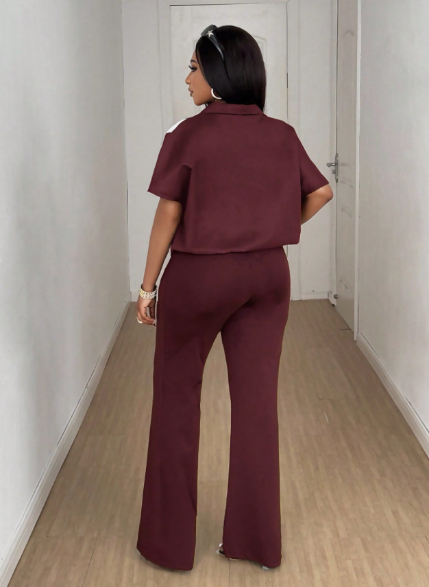 Ensemble décontracté 2 pièces pour femme comprenant une veste contrastée et un pantalon large