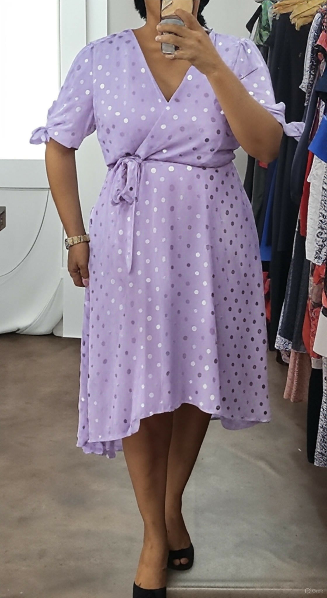 Demarque Online_ Robe Longueur Midi Lilas à Pois Argentés_ (TAILLE XL)