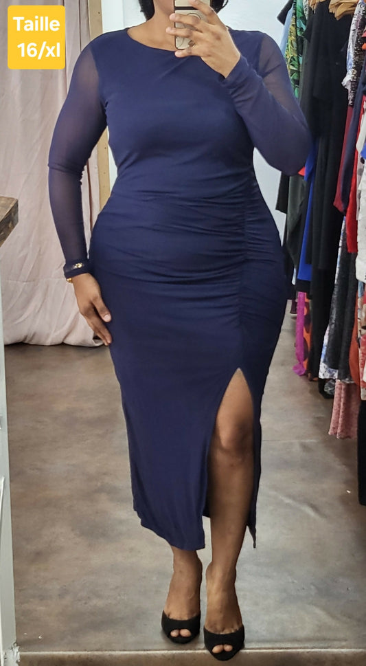 [Demarque online ] Robe Moulante Bleu Nuit à Manches Transparentes et Fente