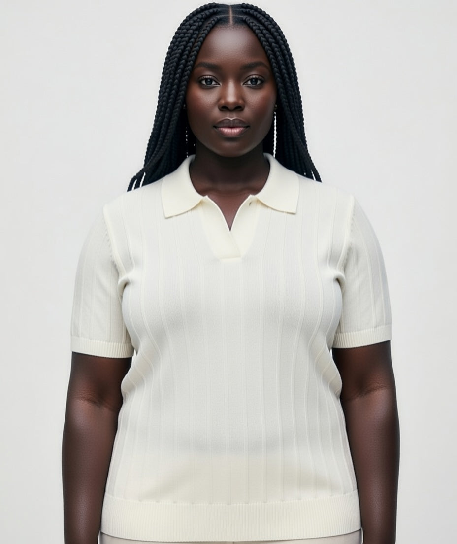 Polo oversize en maille côtelée fine – Crème écru