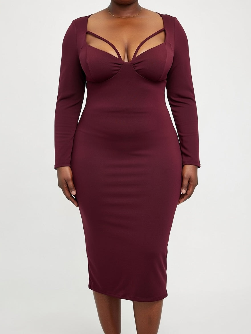 SHEIN - Robe longue midi à manches longues en velours rouge côtelé