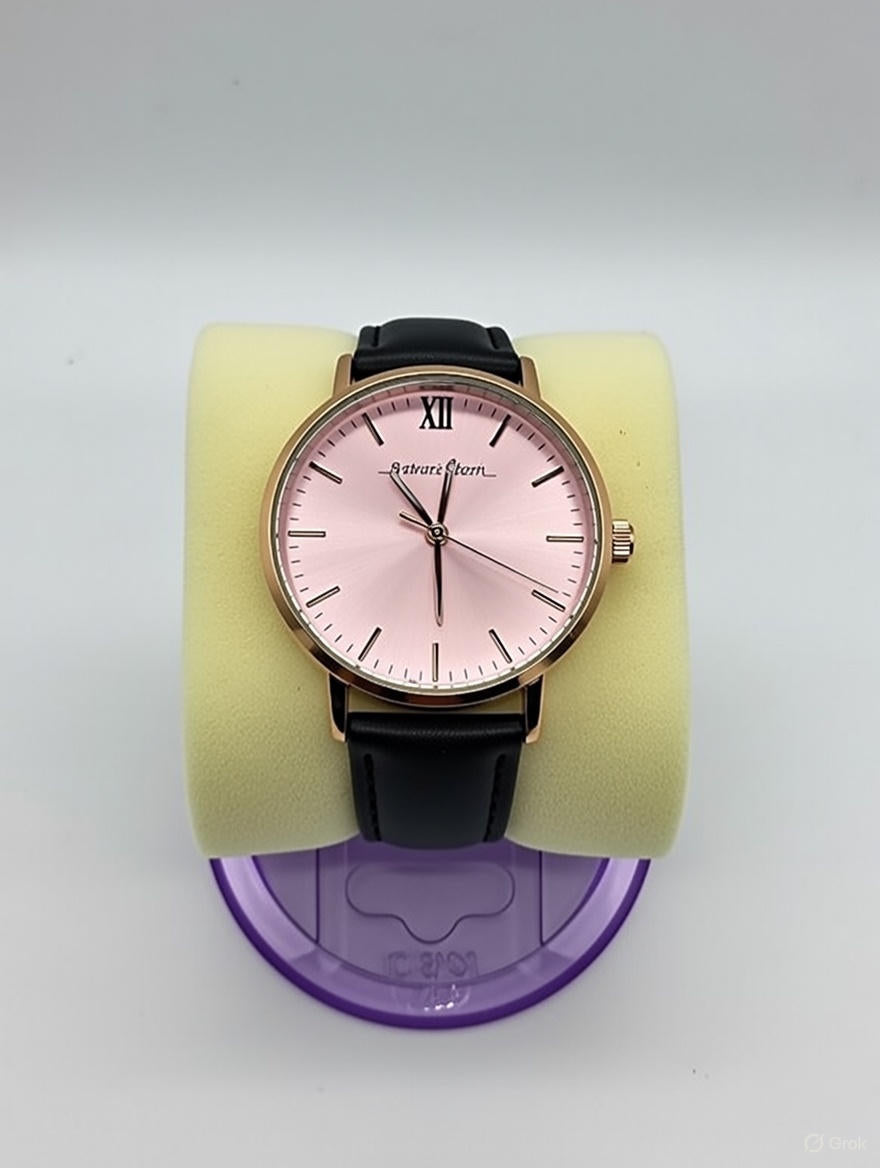 Montre Minimaliste Tendance – Cadran Rose & Bracelet Cuir Noir