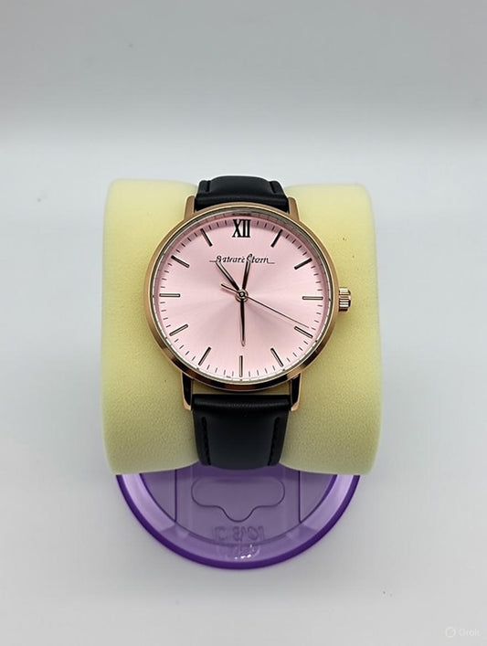 Montre Minimaliste Tendance – Cadran Rose & Bracelet Cuir Noir
