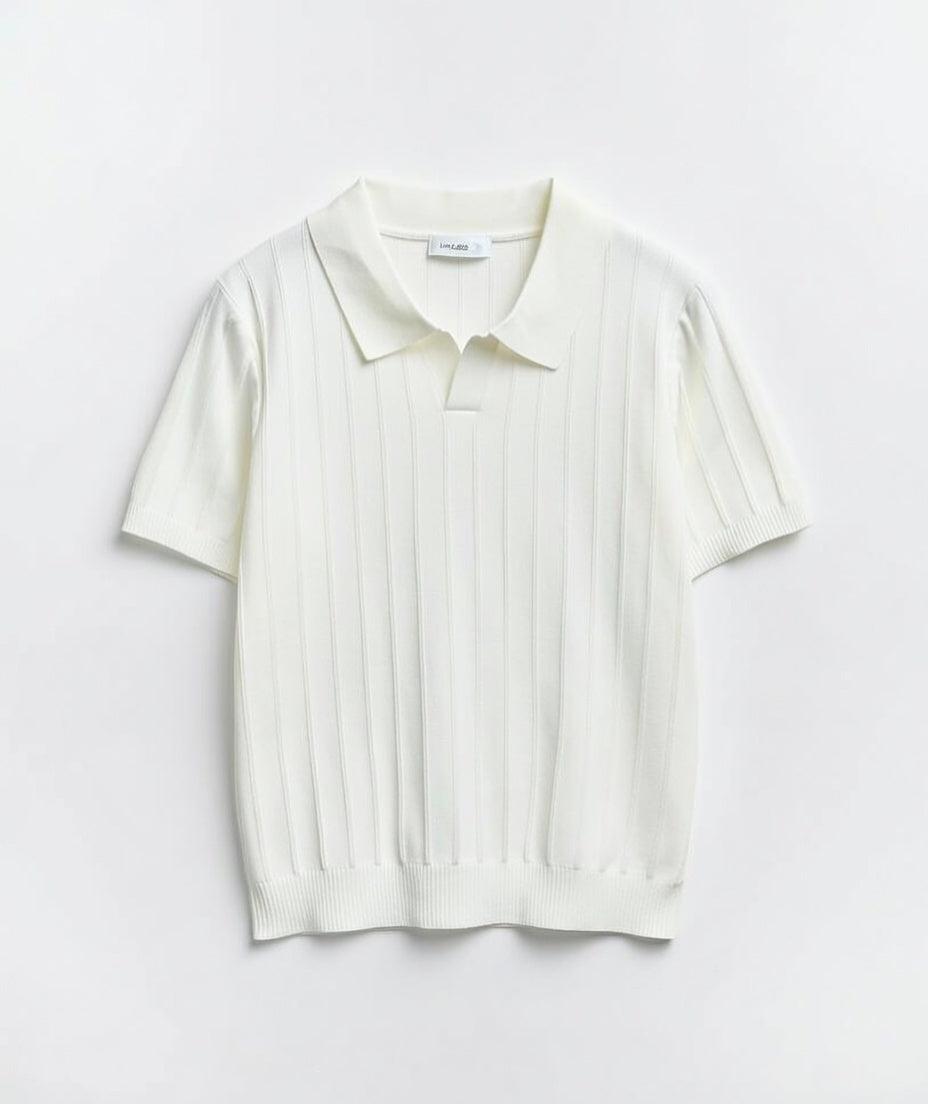 Polo oversize en maille côtelée fine – Crème écru