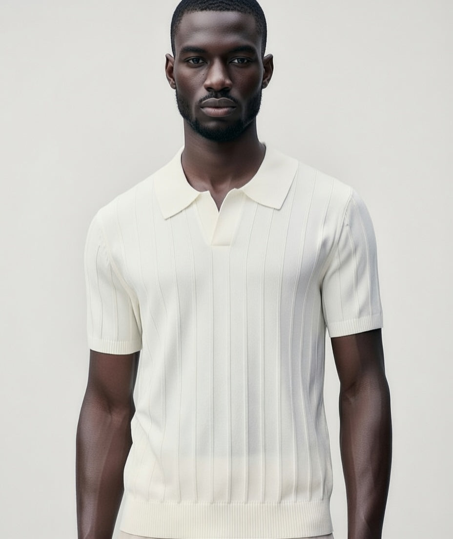 Polo oversize en maille côtelée fine – Crème écru