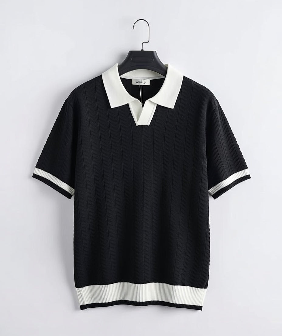Polo oversize texturé en maille chevron – Noir & Blanc