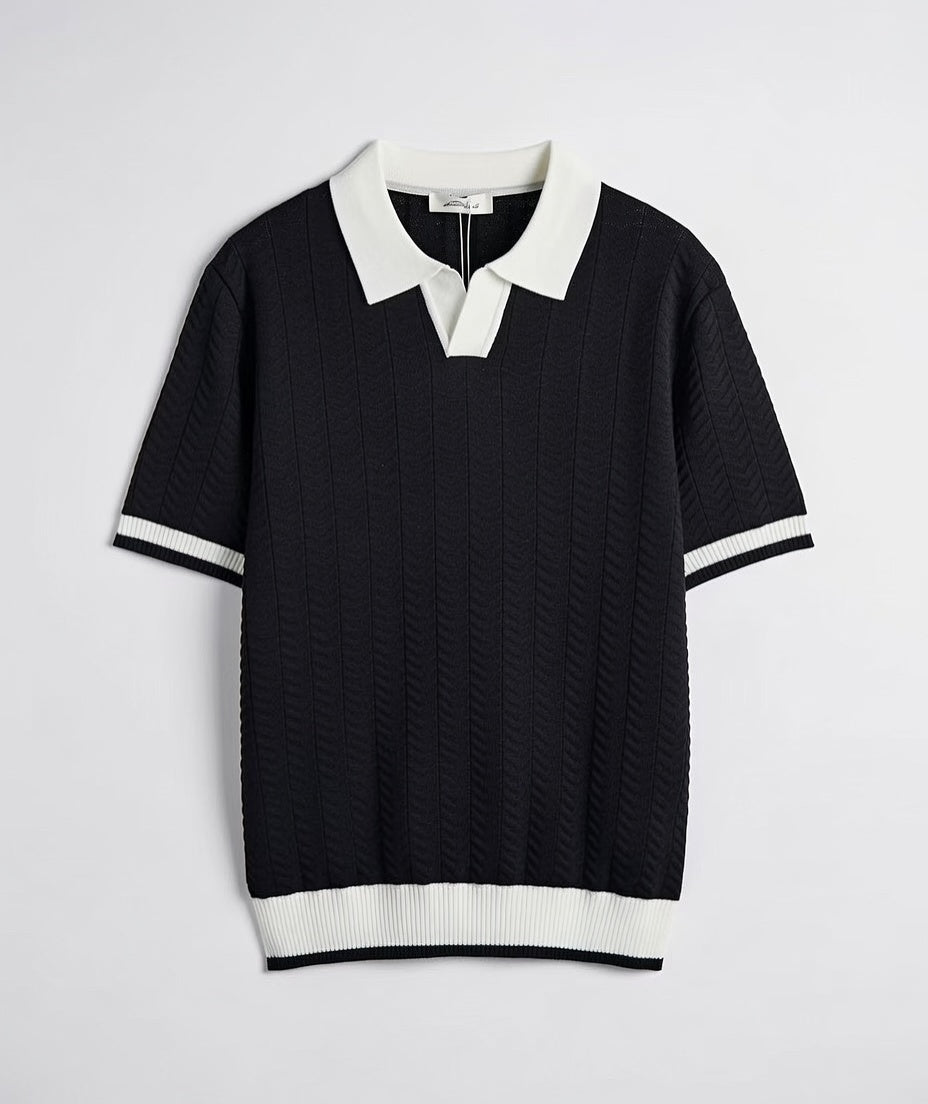 Polo oversize texturé en maille chevron – Noir & Blanc
