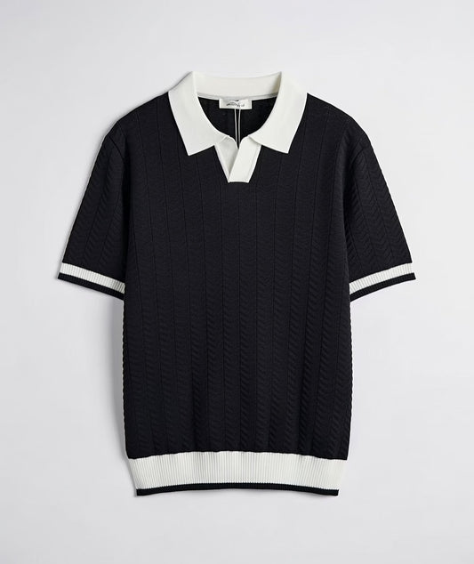 Polo oversize texturé en maille chevron – Noir & Blanc