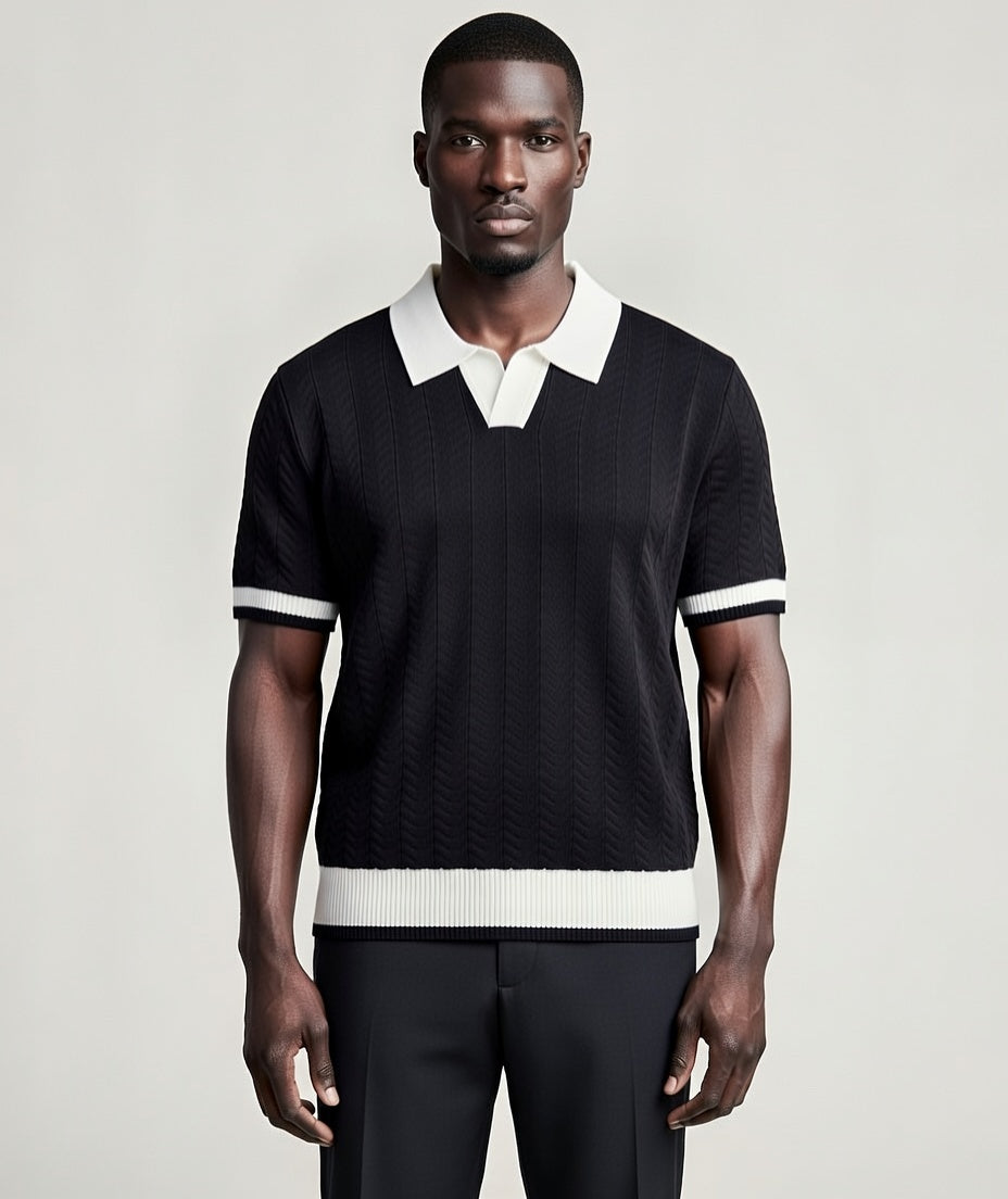 Polo oversize texturé en maille chevron – Noir & Blanc