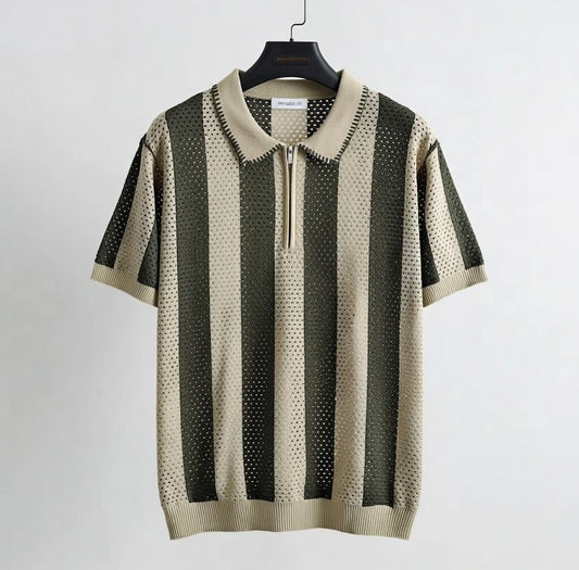 Polo rayé mesh oversize – Kaki & Beige