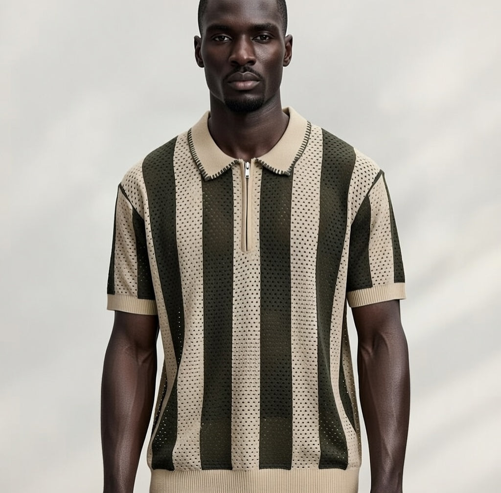 Polo rayé mesh oversize – Kaki & Beige