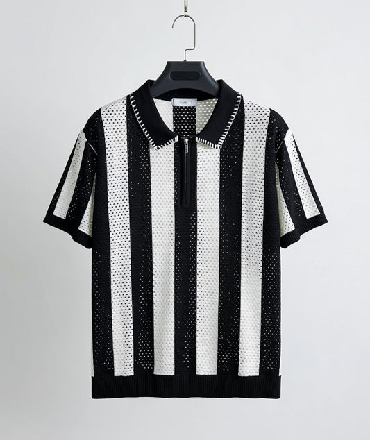 Polo rayé mesh oversize – Noir & Blanc