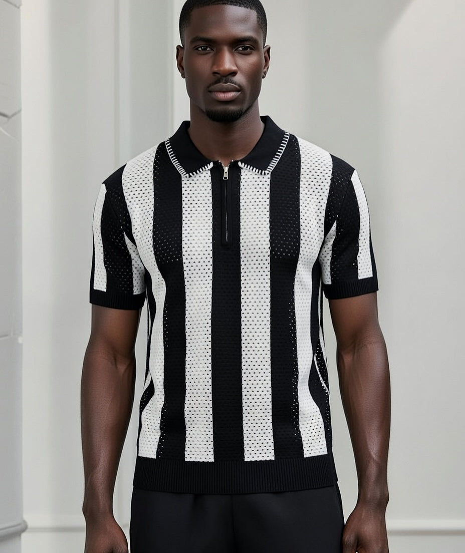 Polo rayé mesh oversize – Noir & Blanc