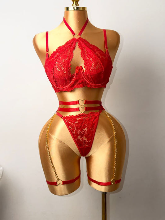 Ensemble 3 pièces bordeaux dentelle