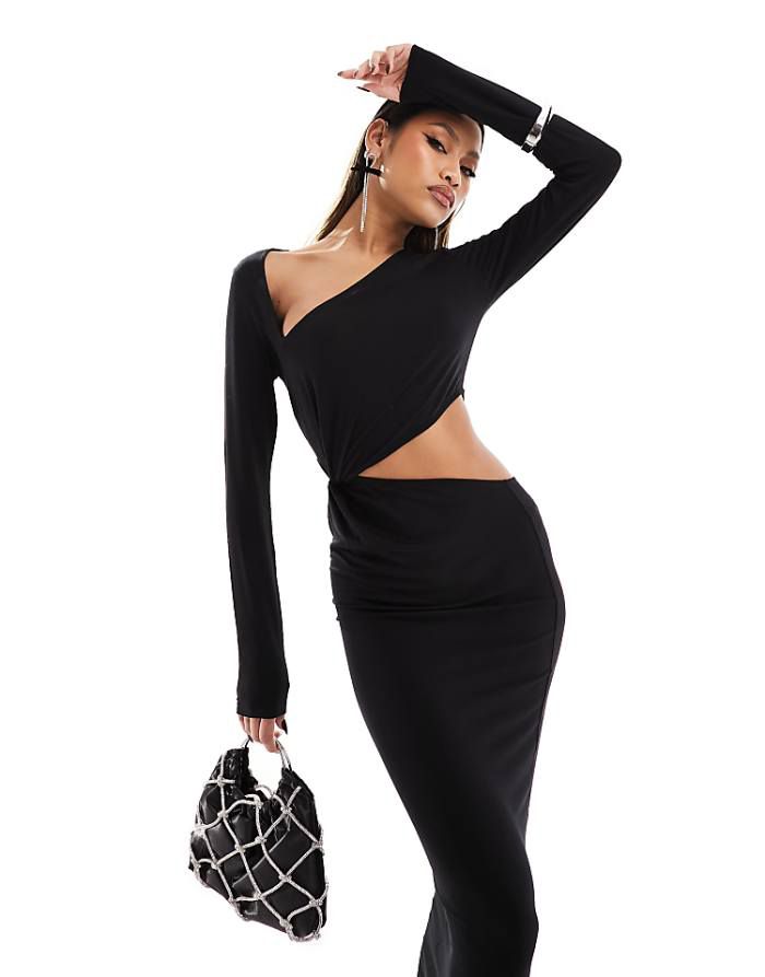 Robe longue asymétrique noire avec cut-out – Style soirée