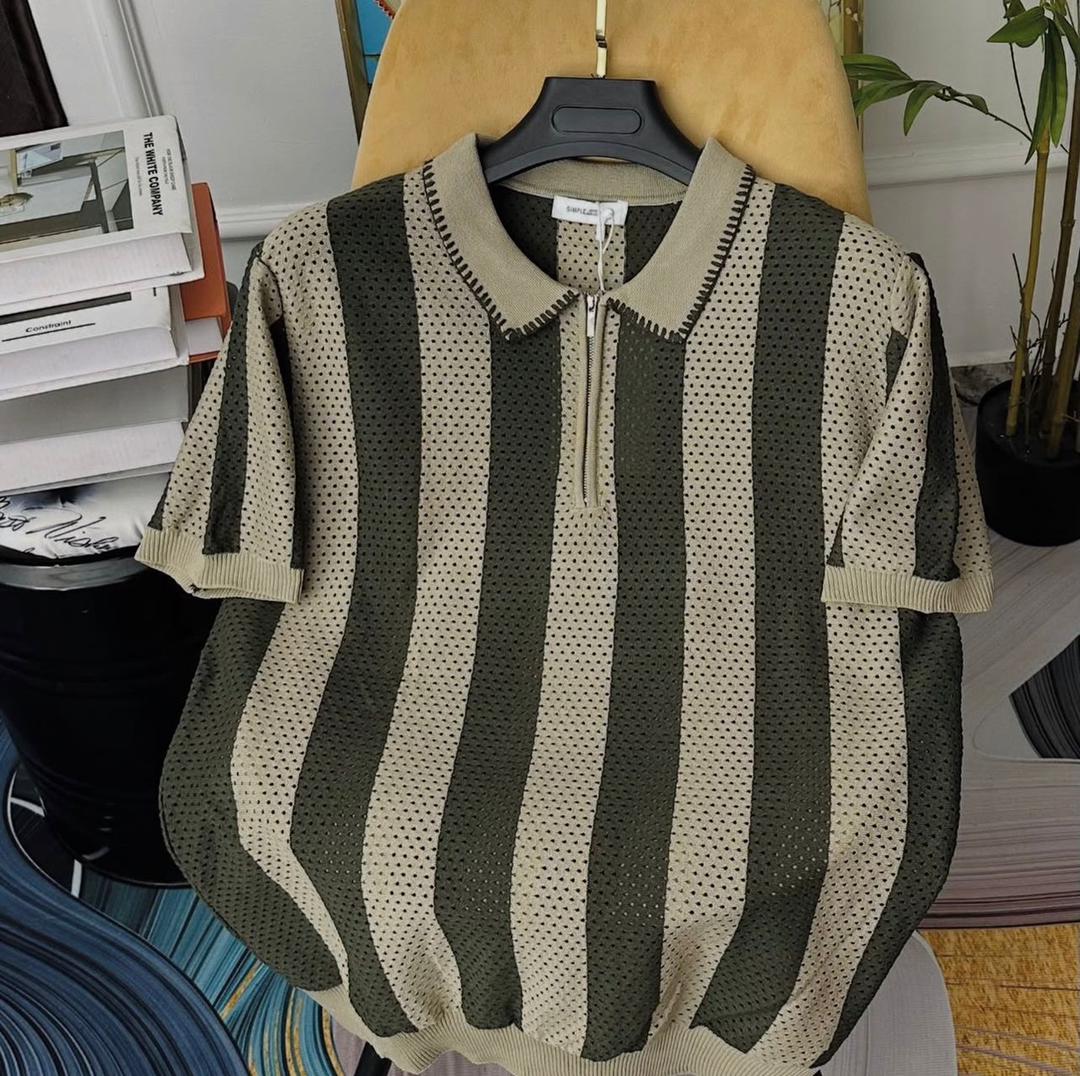 Polo rayé mesh oversize – Kaki & Beige