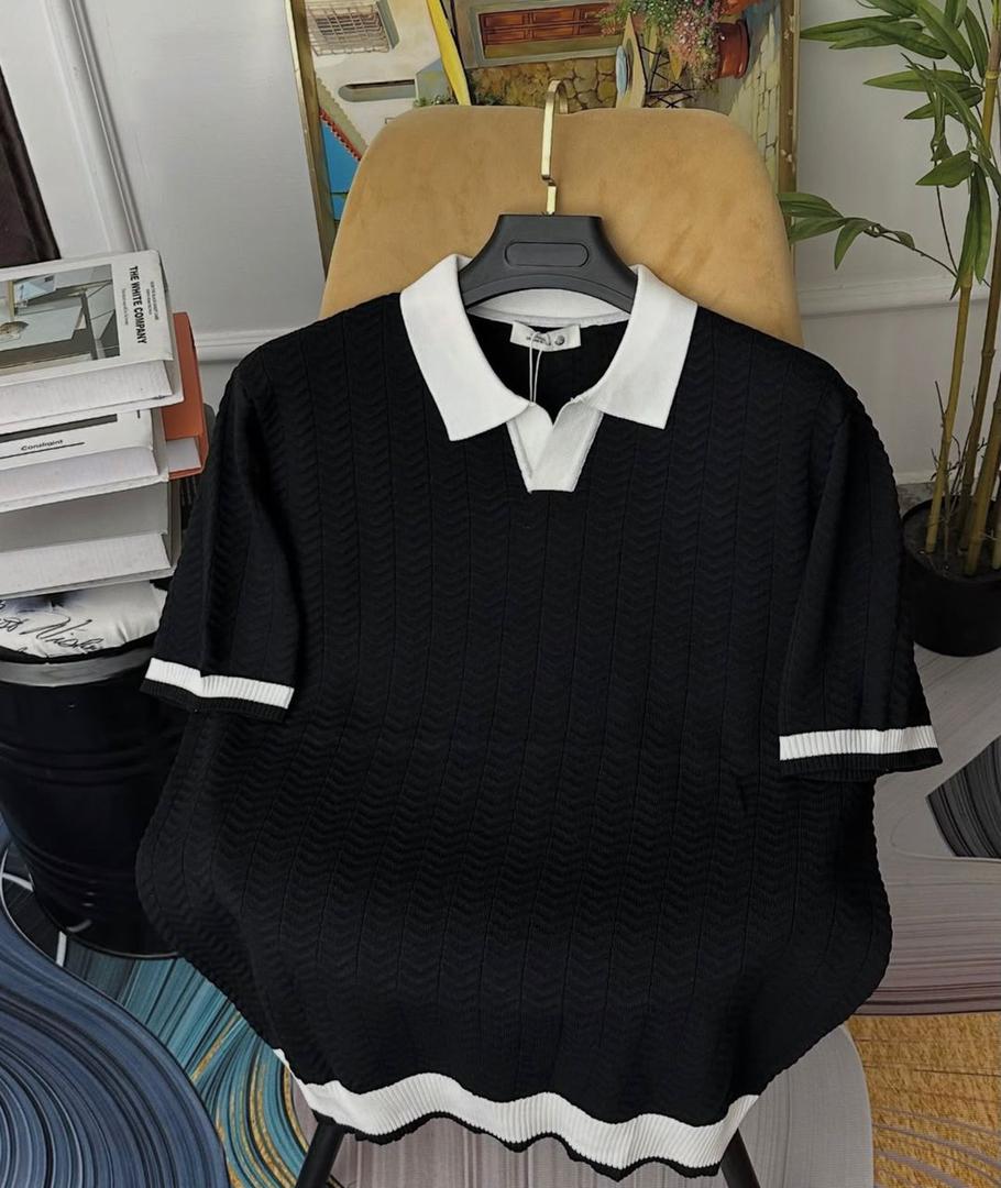 Polo oversize texturé en maille chevron – Noir & Blanc